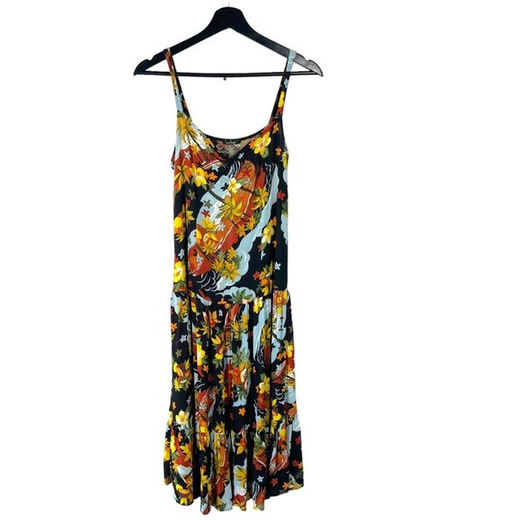 Loco Lindo Black Multicolor Hawaiian Print Sleeveless Tiered Midi Dress Small